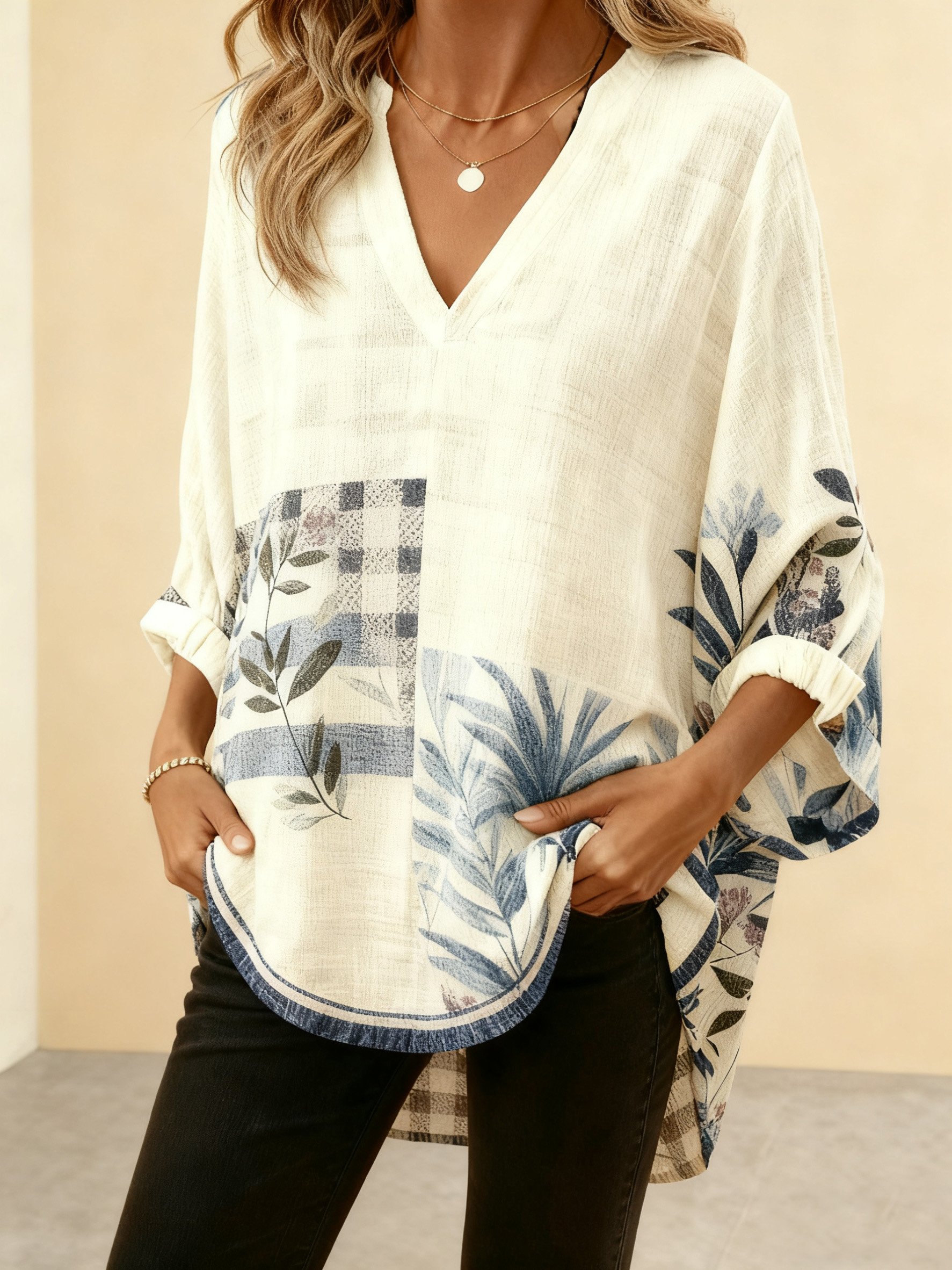 V-Ausschnitt Dreiviertelärmel Geblümt Regelmäßig Weit Bluse für Damen