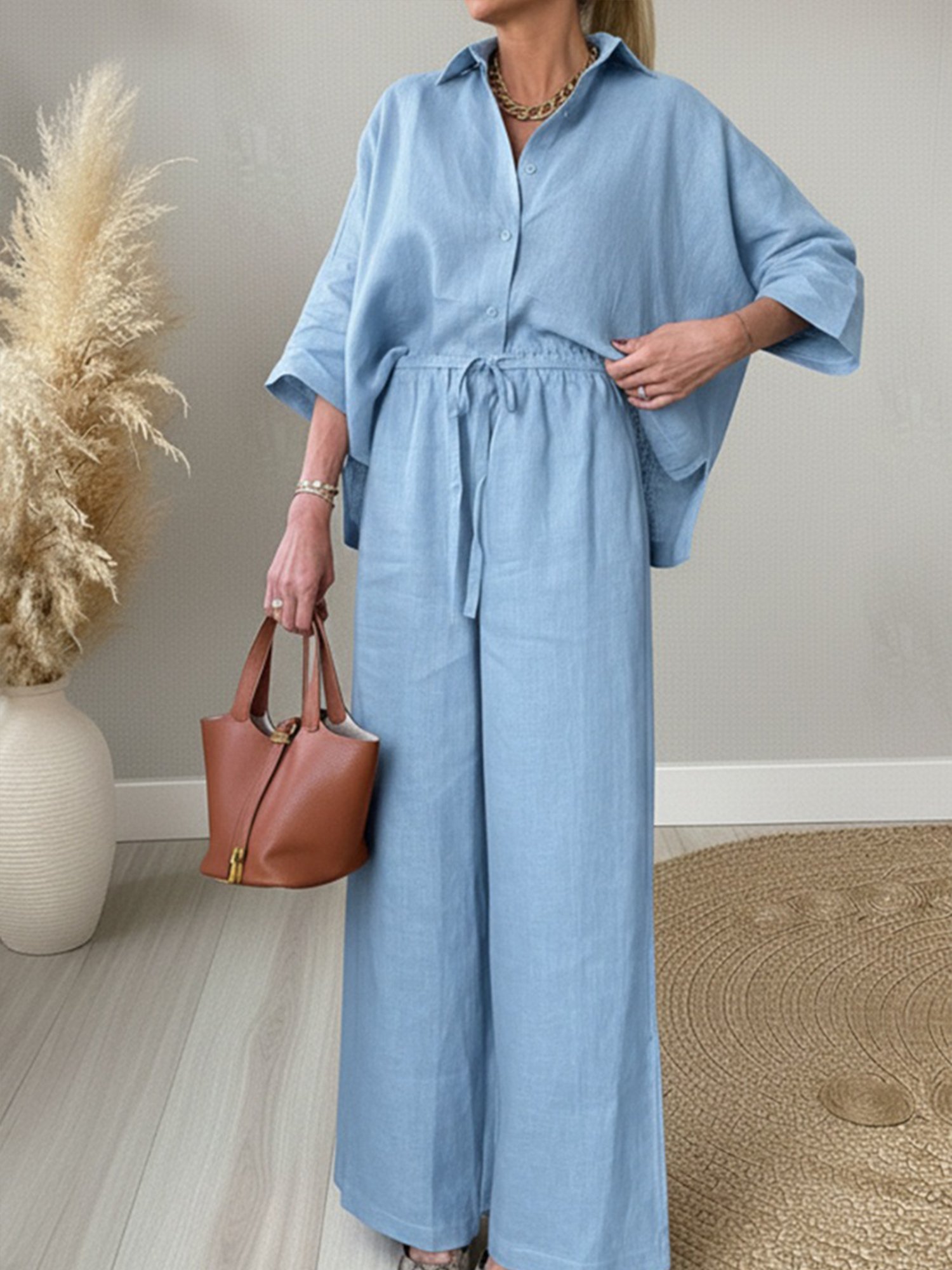 Damen Unifarben Zweiteiliges Set Täglich Dreiviertelärmel Lässig Frühling/Herbst Bluse mit Hose Matching Set