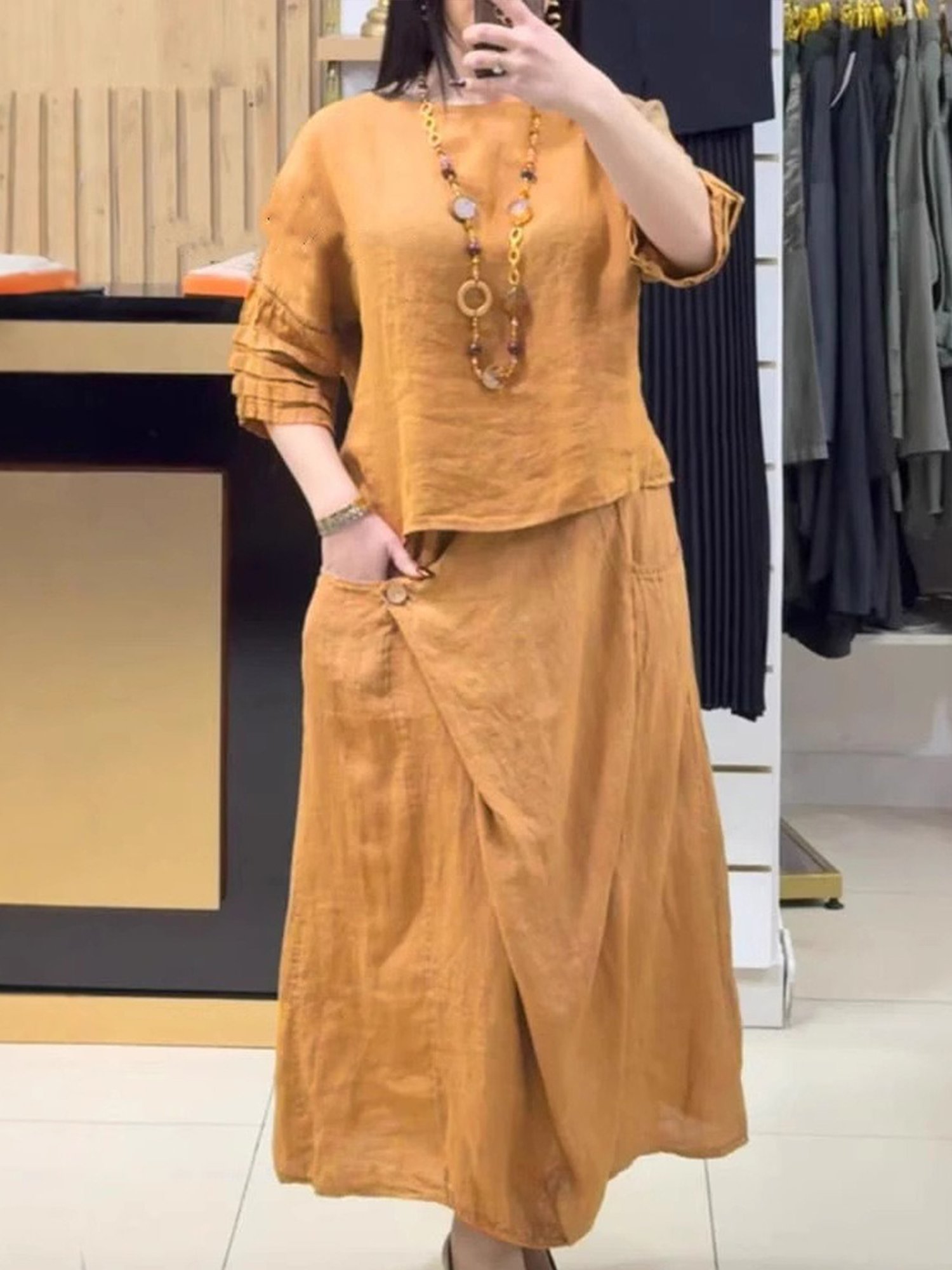 Damen Unifarben Zweiteiliges Set Täglich Dreiviertelärmel Lässig Frühling/Herbst Bluse mit Rock Matching Set