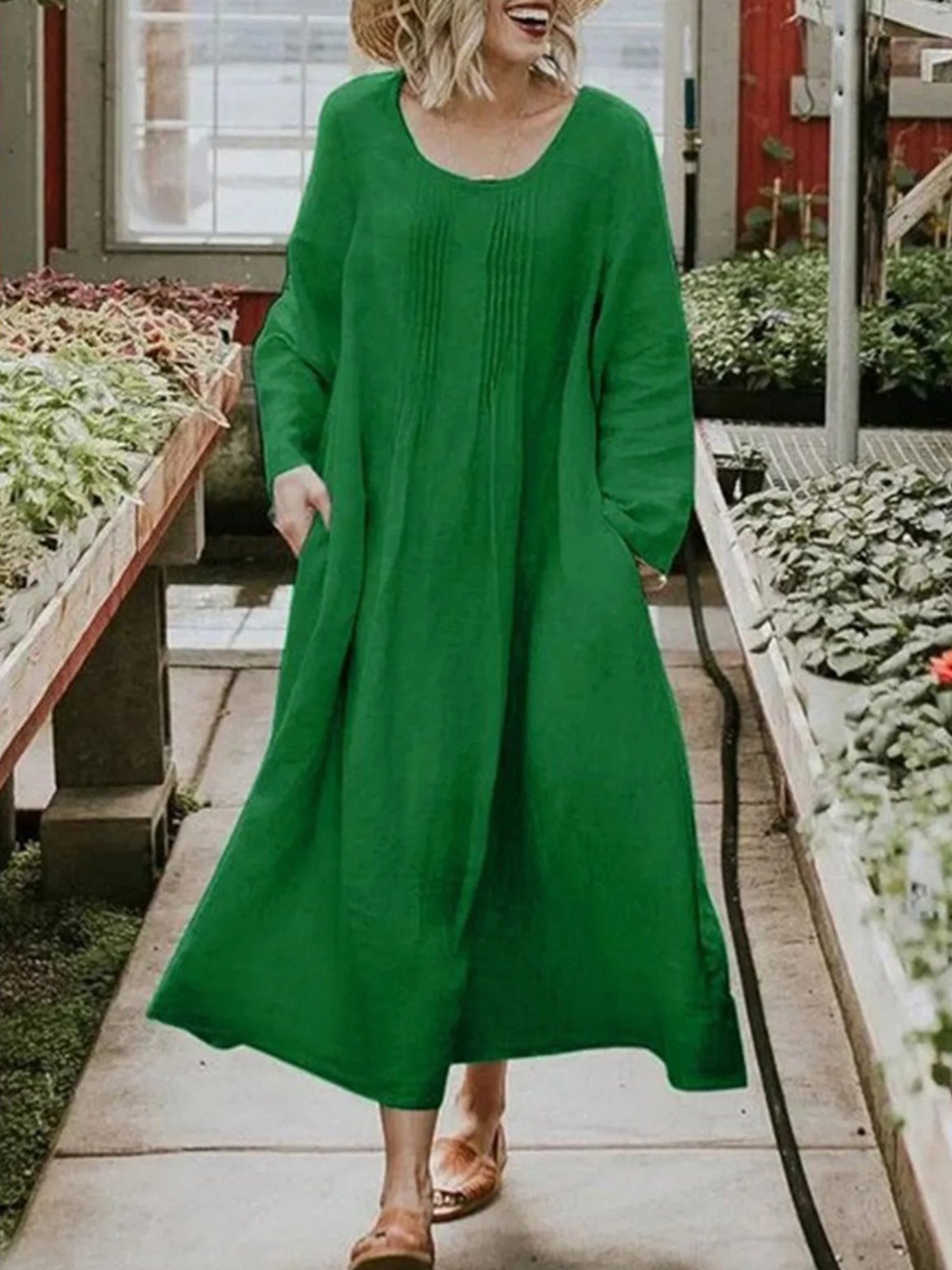 Damen Unifarben Normale Ärmel Frühling/Herbst Kleid Rundhals Langarm A-Linien-Kleid