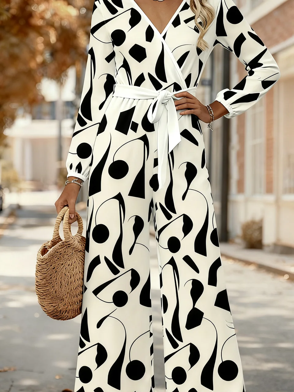 Damen Geometrisch V-Ausschnitt Langarm Elegant Frühling/Herbst Jumpsuit