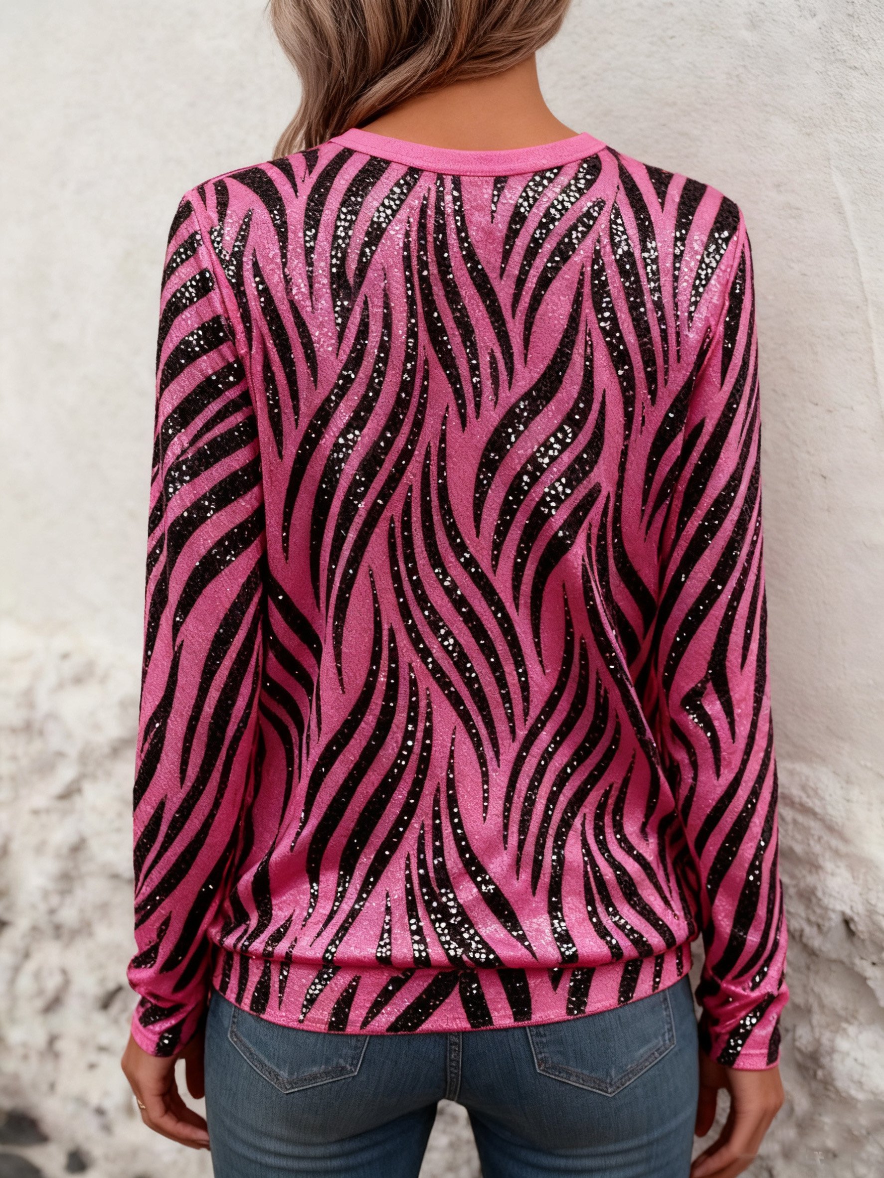 Rundhals Langarm Geometrisch Regelmäßig Mikroelastizität Weit Bluse für Damen