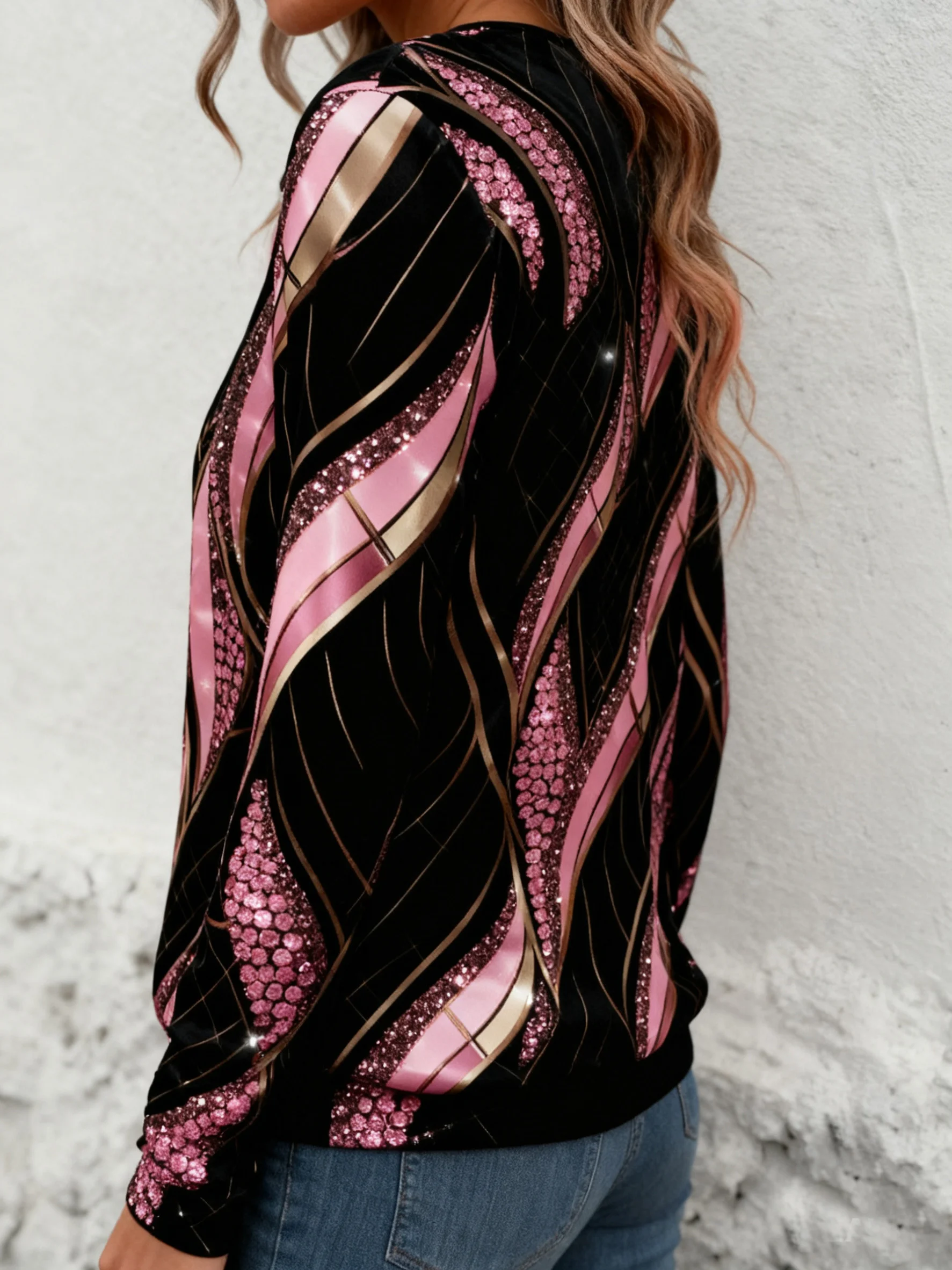 Rundhals Langarm Geometrisch Regelmäßig Mikroelastizität Weit Bluse für Damen