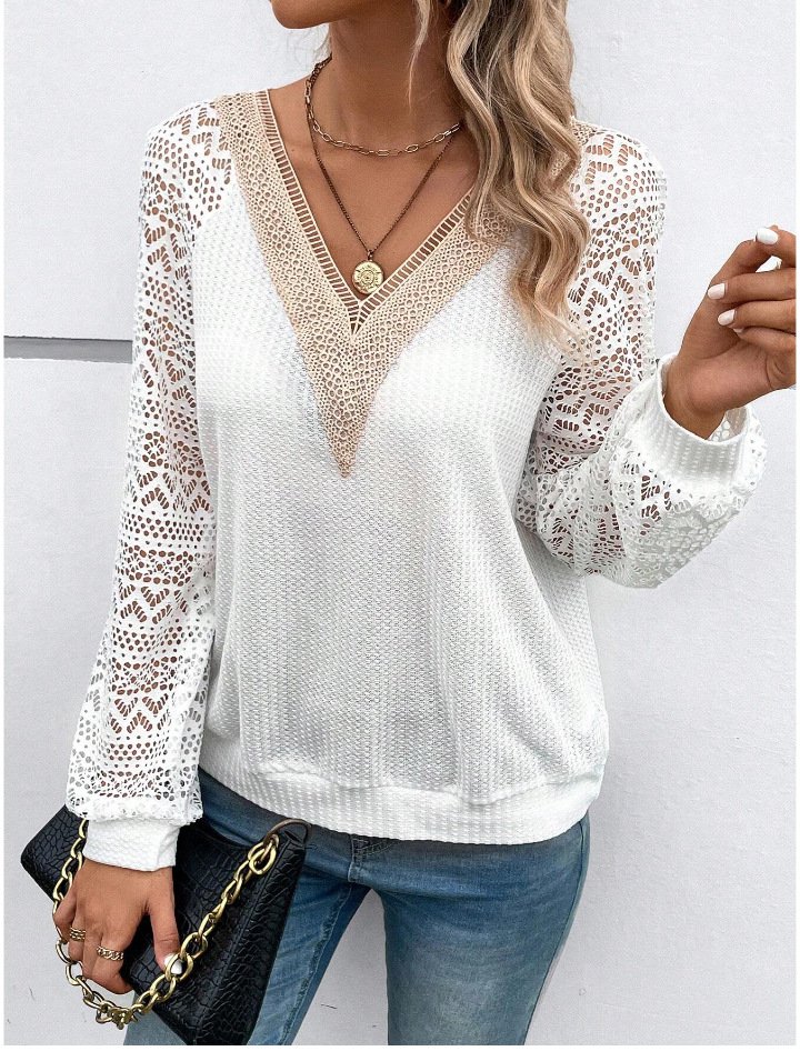 Elegant Unifarben V-Ausschnitt Langarm T-Shirt