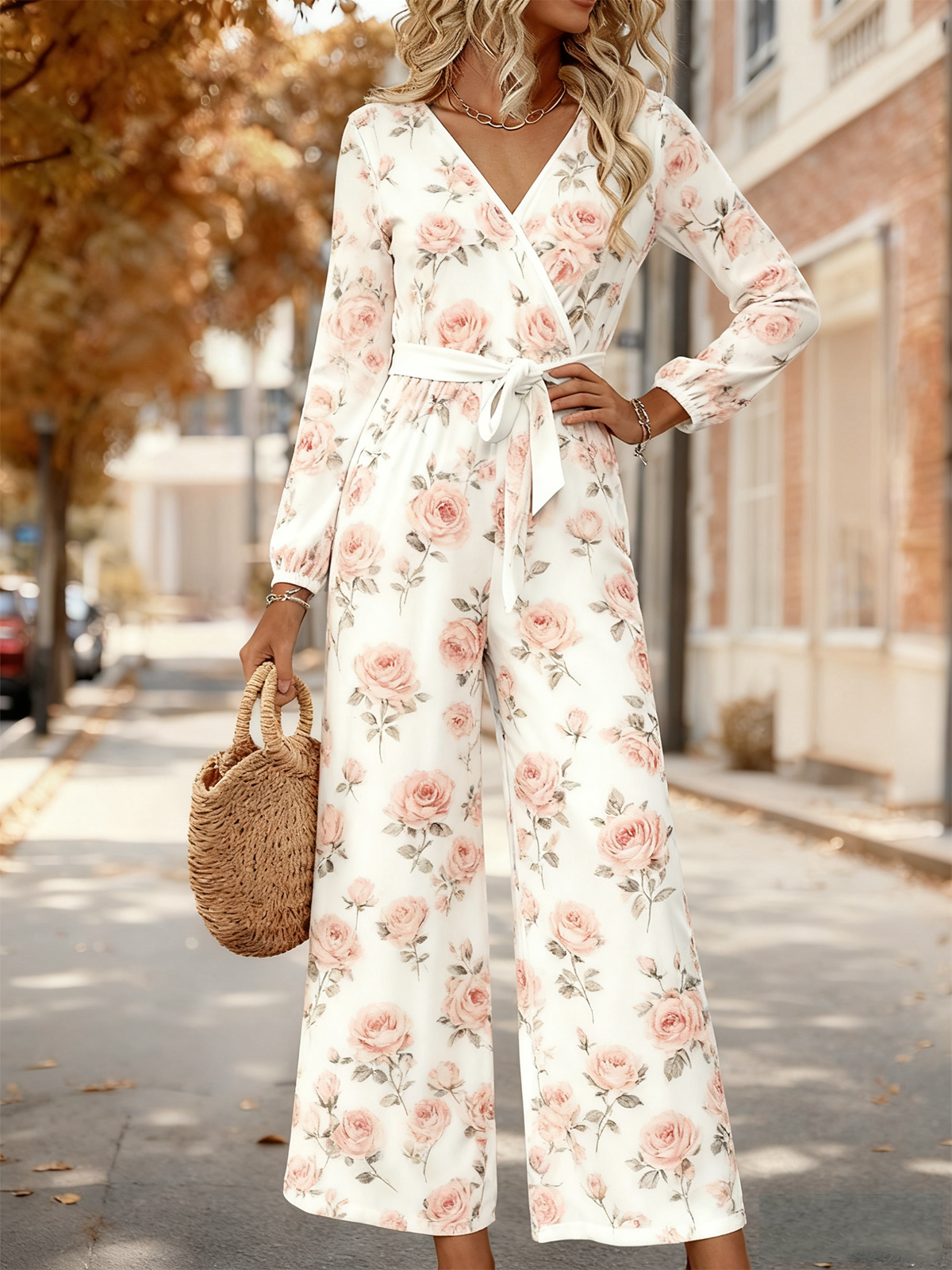 Damen Geblümt V-Ausschnitt Langarm Elegant Frühling/Herbst Jumpsuit