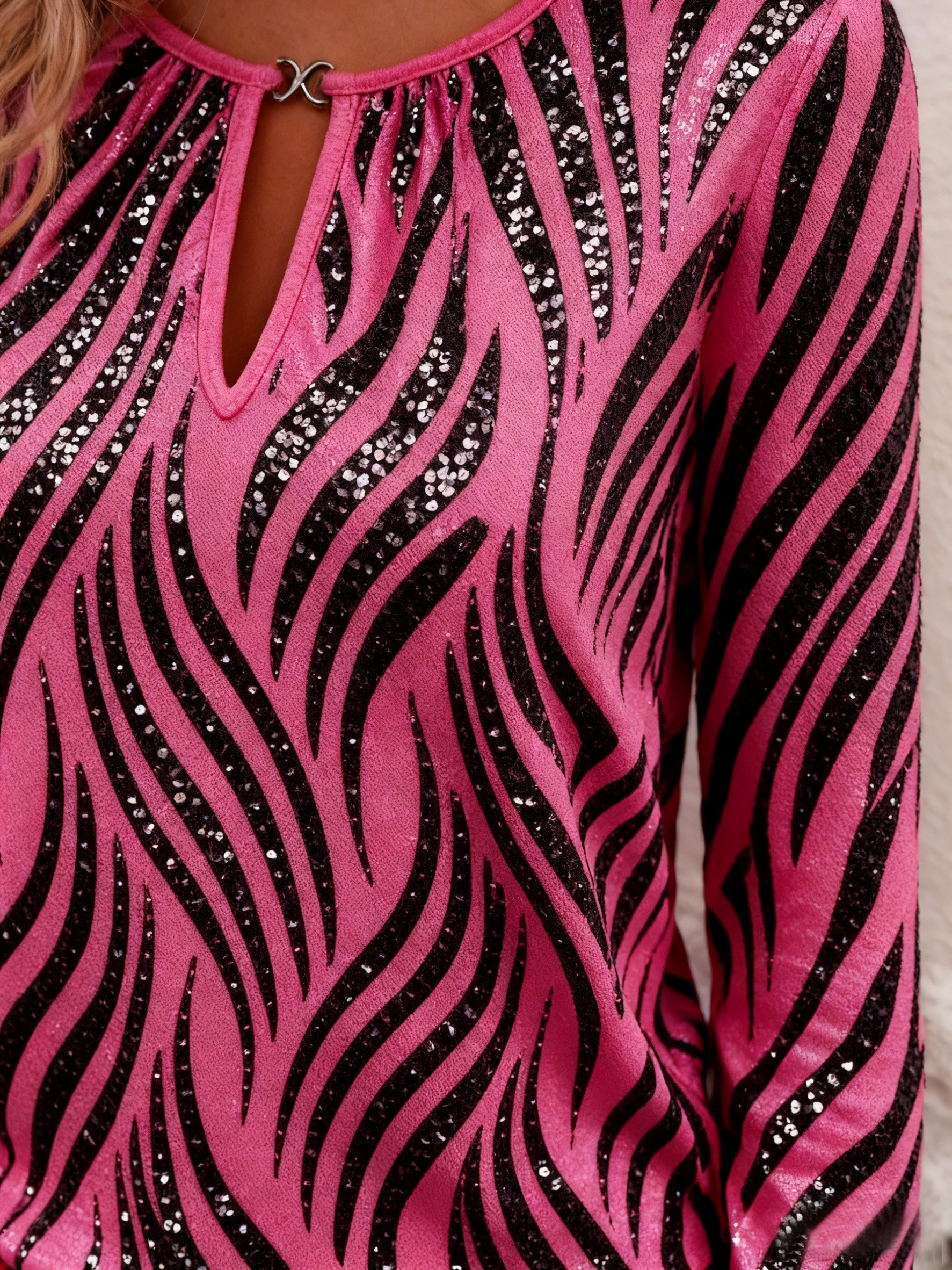 Rundhals Langarm Geometrisch Regelmäßig Mikroelastizität Weit Bluse für Damen