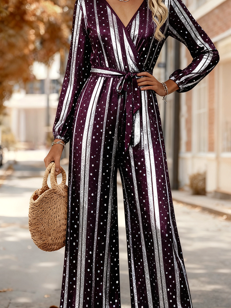 Damen Gestreift V-Ausschnitt Langarm Elegant Frühling/Herbst Jumpsuit