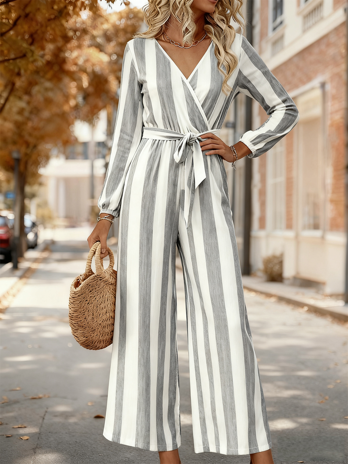 Damen Gestreift V-Ausschnitt Langarm Elegant Frühling/Herbst Jumpsuit