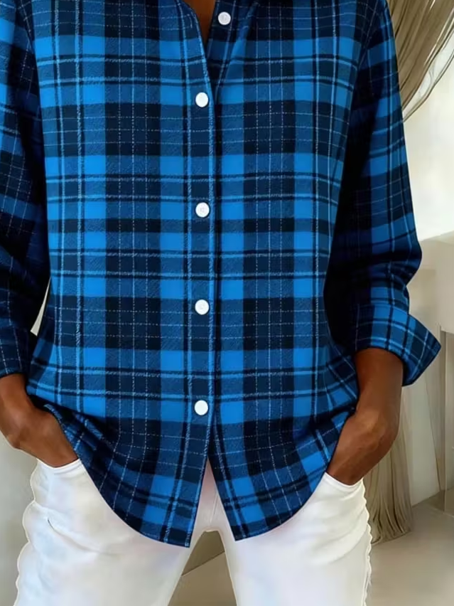Hemdkragen Normale Ärmel Langarm Kariert Schnalle Regelmäßig Weit Knopfhemd Bluse für Damen