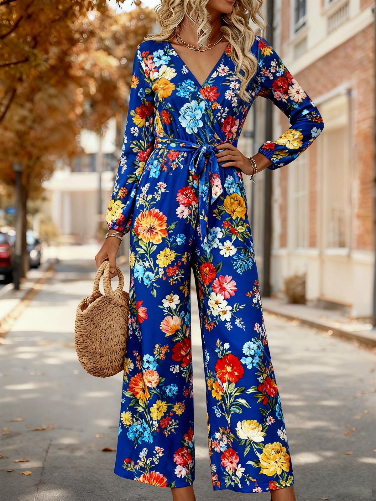 Damen Geblümt V-Ausschnitt Langarm Elegant Frühling/Herbst Jumpsuit