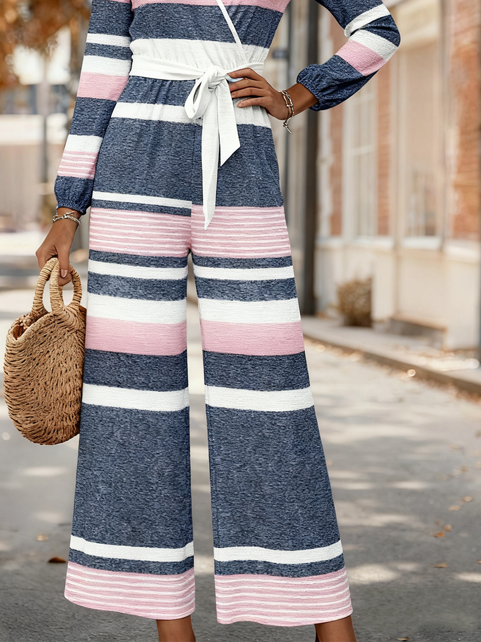 Damen Gestreift V-Ausschnitt Langarm Elegant Frühling/Herbst Jumpsuit