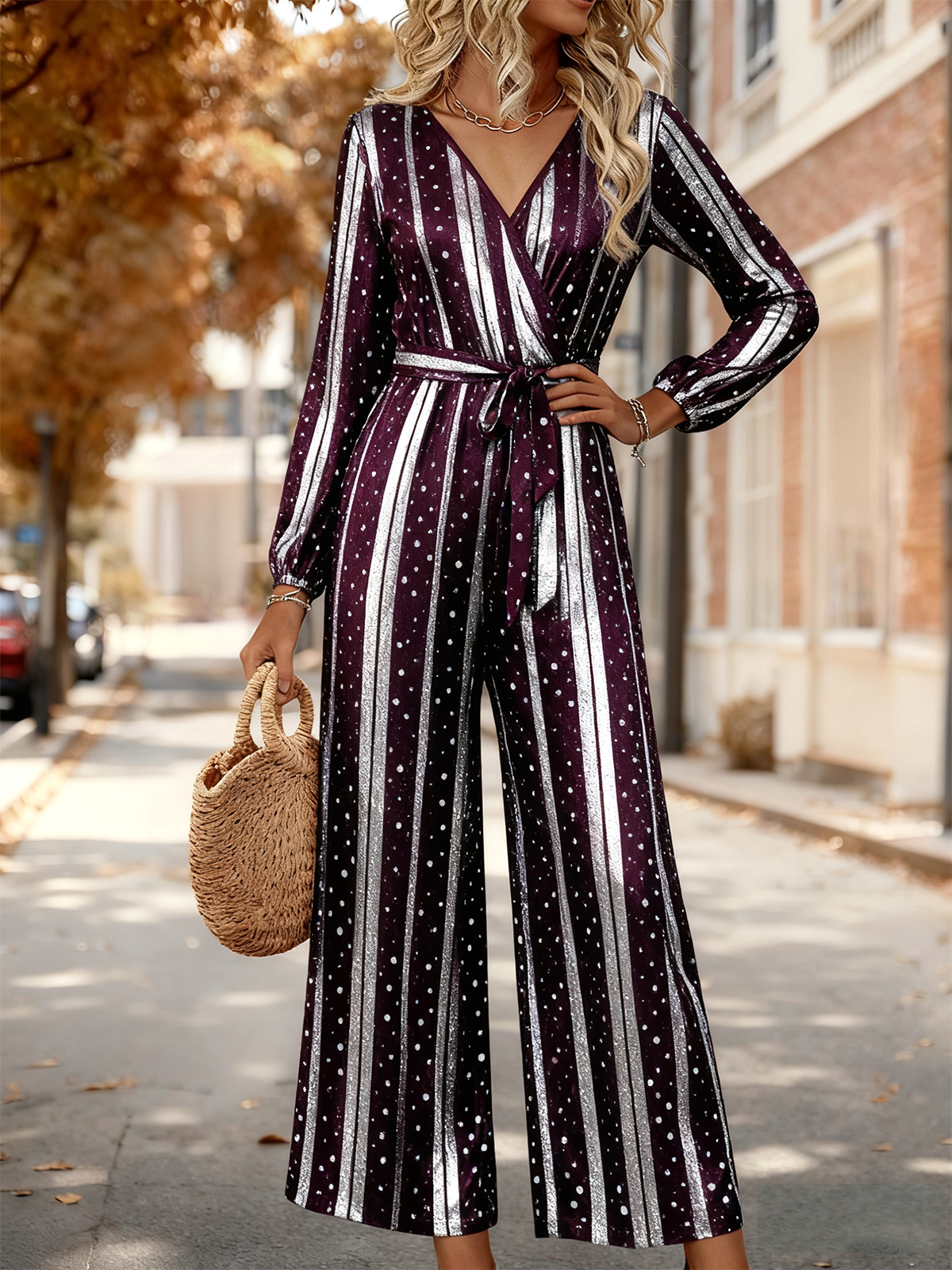 Damen Gestreift V-Ausschnitt Langarm Elegant Frühling/Herbst Jumpsuit