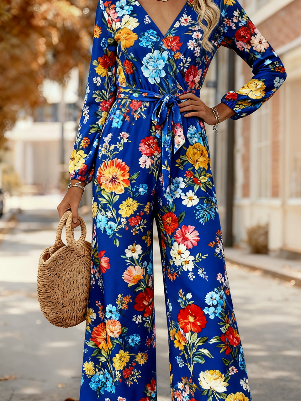 Damen Geblümt V-Ausschnitt Langarm Elegant Frühling/Herbst Jumpsuit