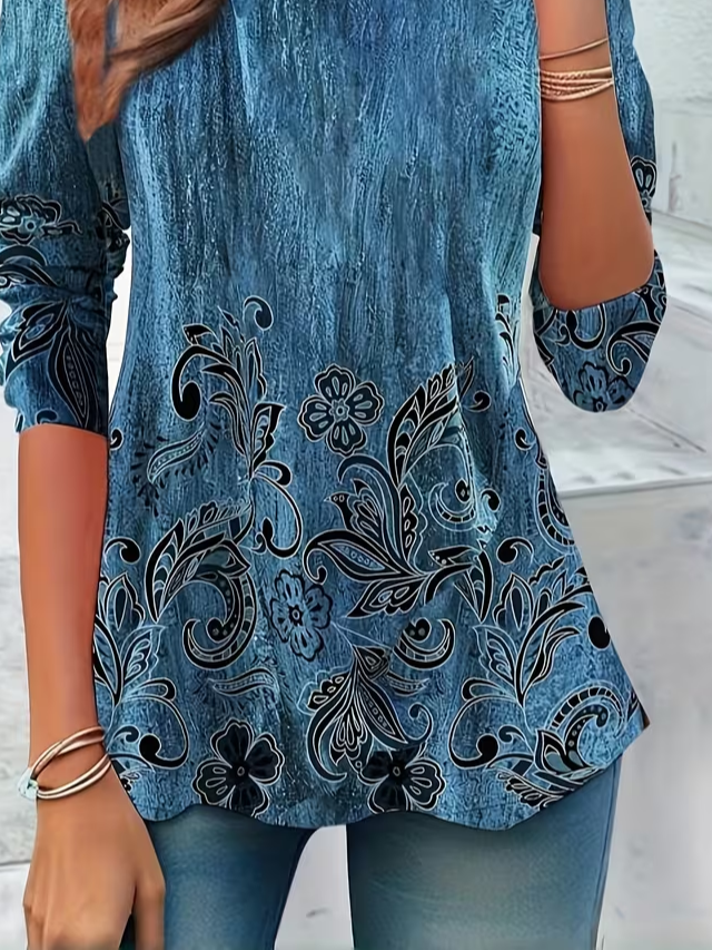 Lässig Geblümt Rundhals Langarm T-Shirt