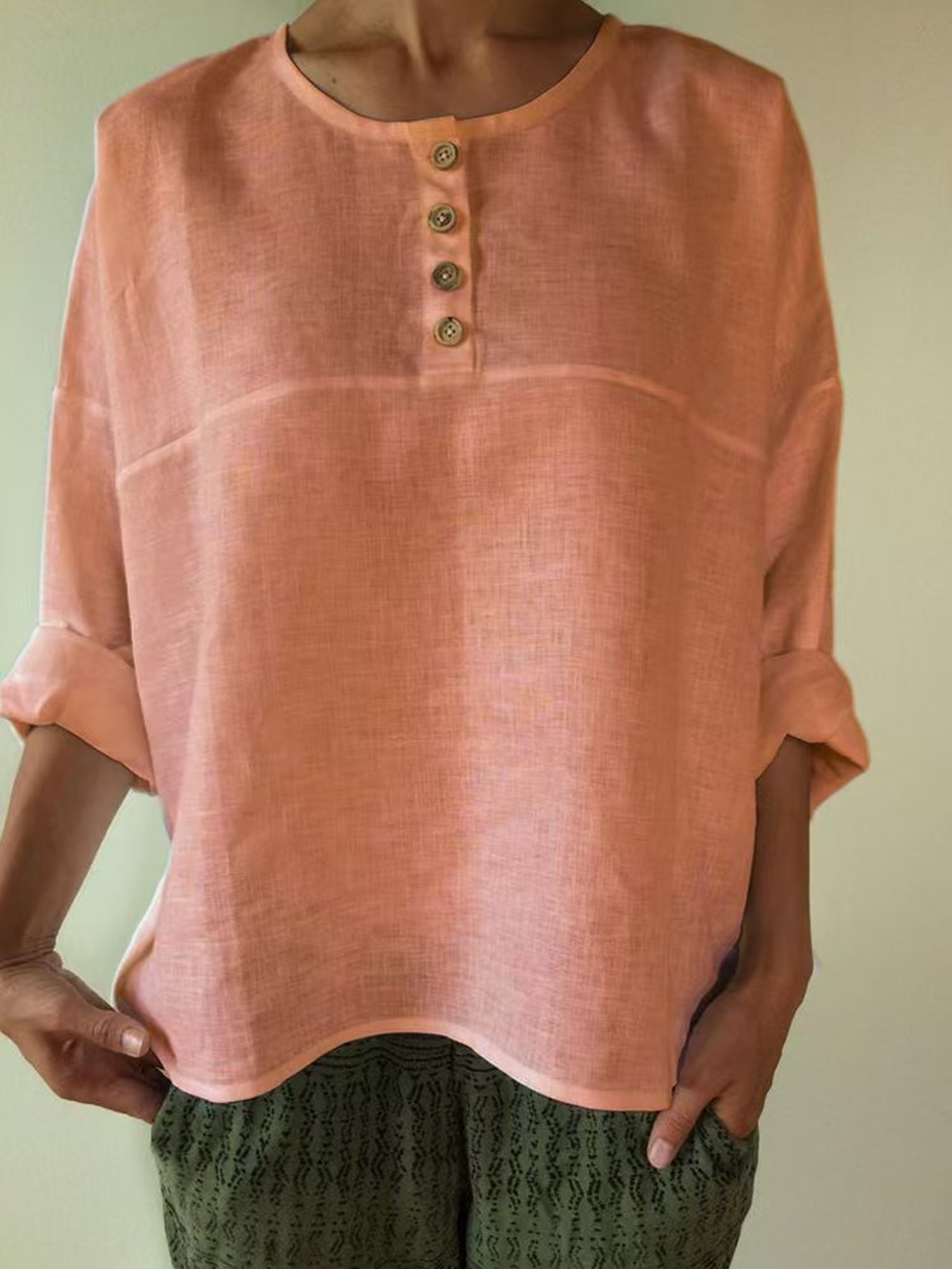 Rundhals Langarm Unifarben Geknöpft Regelmäßig Weit Bluse für Damen