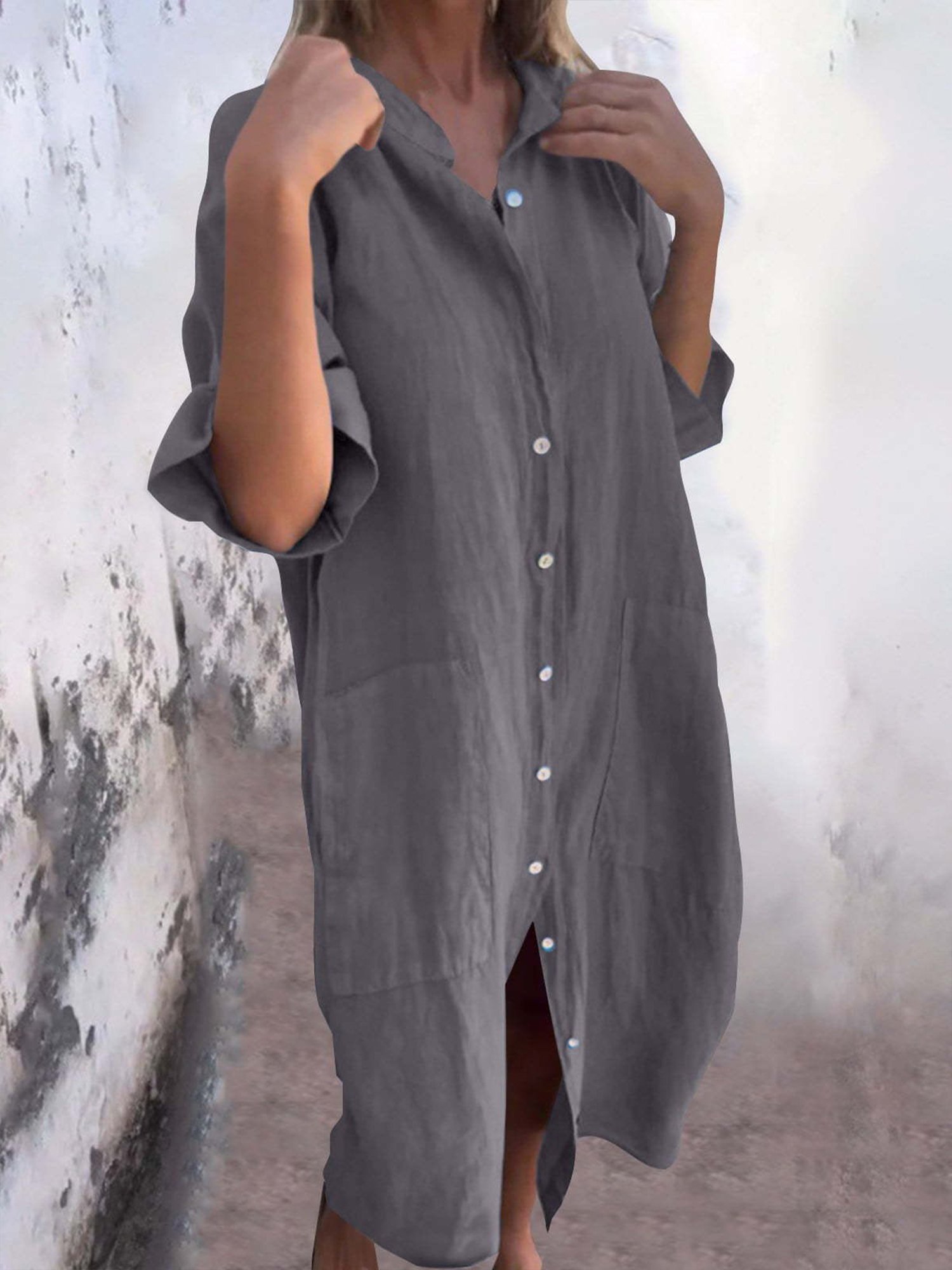 Damen Unifarben Alle Jahreszeiten Kleid Hemdkragen Halbarm Blusenkleid H-Linie Kleid