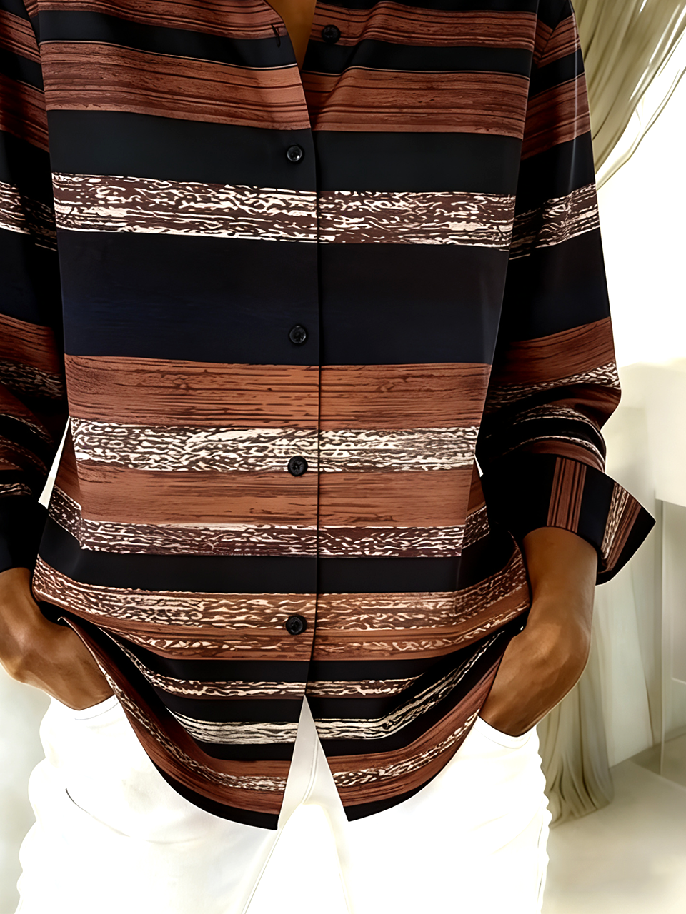 Hemdkragen Langarm Unifarben Regelmäßig Weit Bluse für Damen