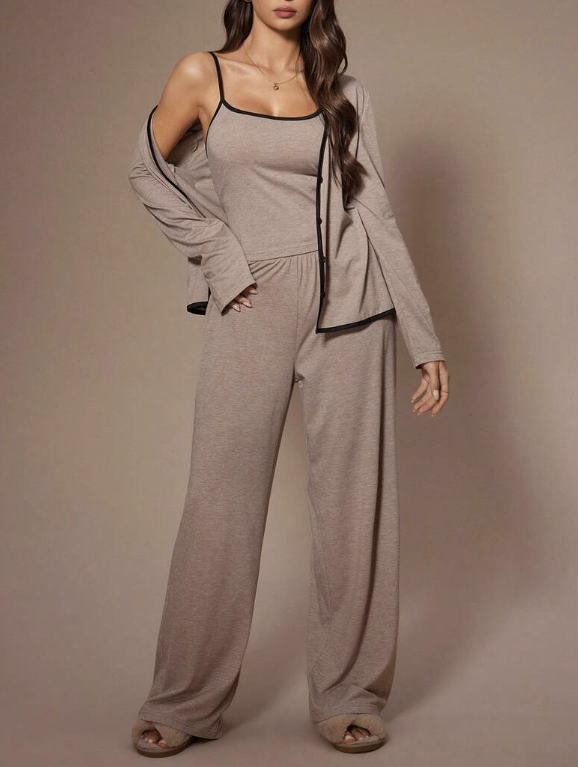 3PCS Damen Casual Unifarben Tailliert Langarm Robe, Leibchen Oberteile und Hose Loungewear Set