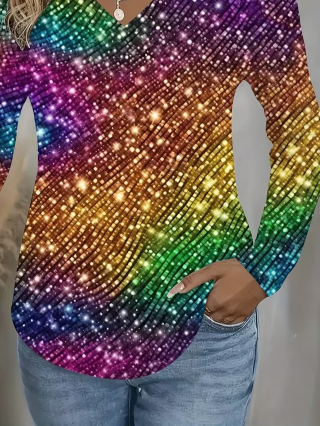 Lässig Abstrakt V-Ausschnitt Langarm T-Shirt