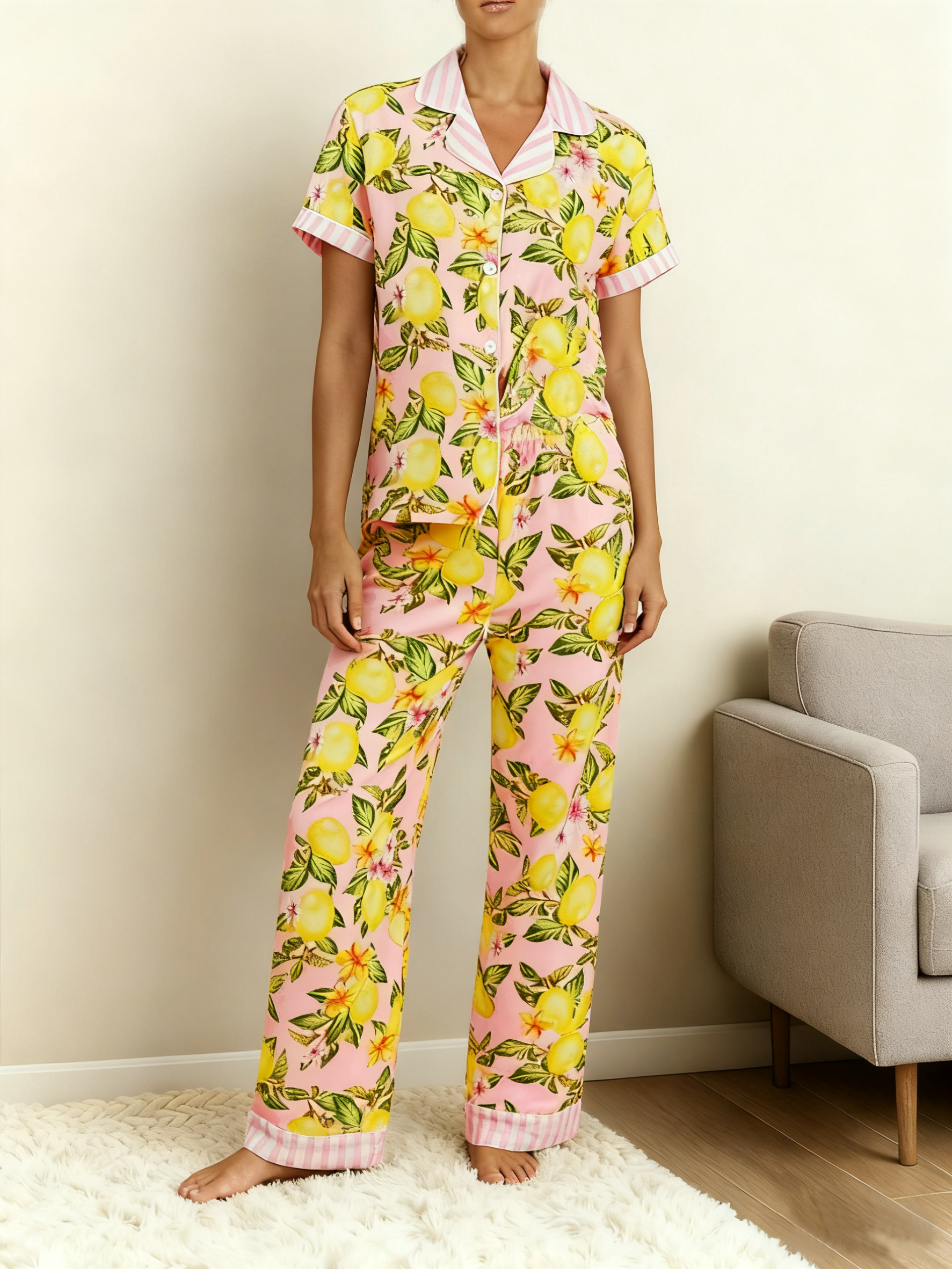 Reverskragen Lässig Weit Zitrone Obst Pyjama Set