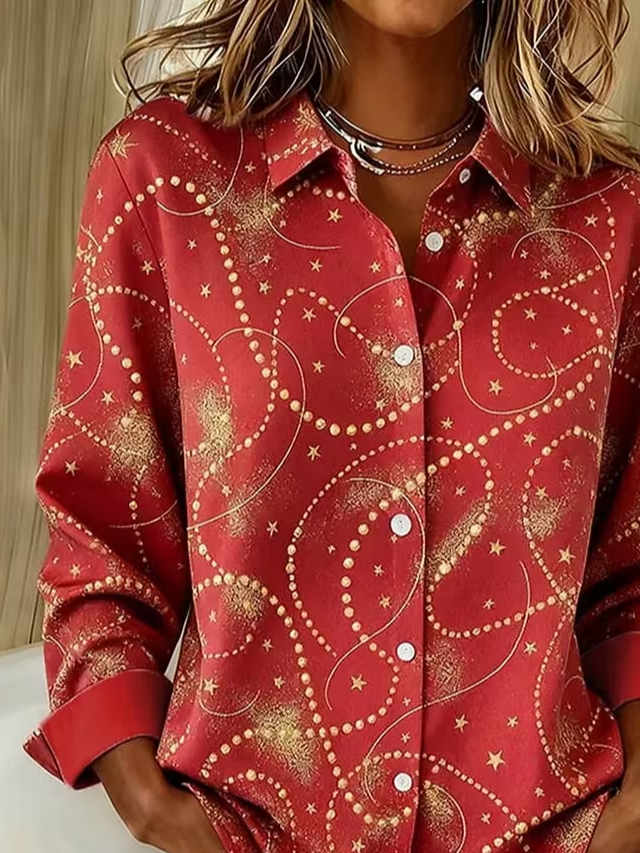 Hemdkragen Normale Ärmel Langarm Festival Schnalle Regelmäßig Weit Knopfhemd Bluse für Damen