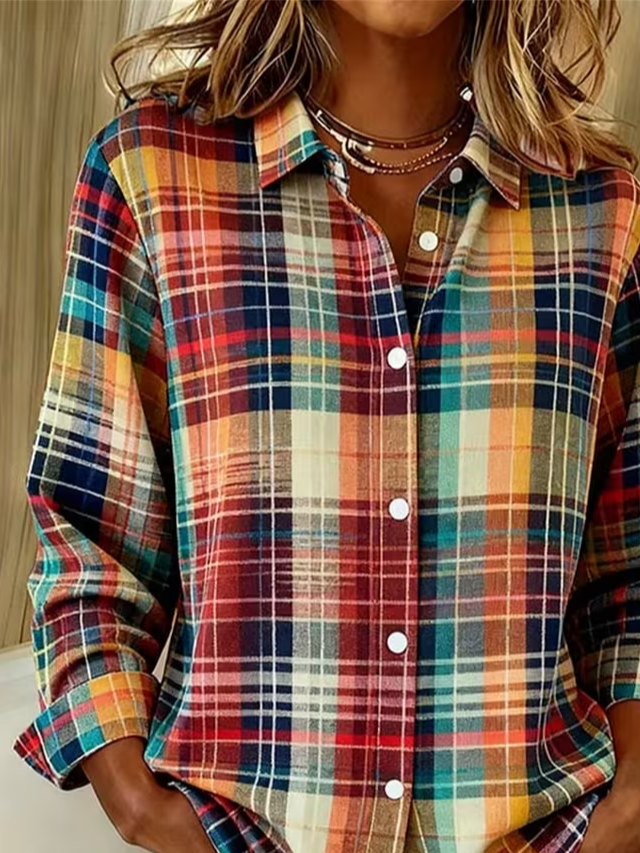 Hemdkragen Normale Ärmel Langarm Kariert Schnalle Regelmäßig Weit Knopfhemd Bluse für Damen