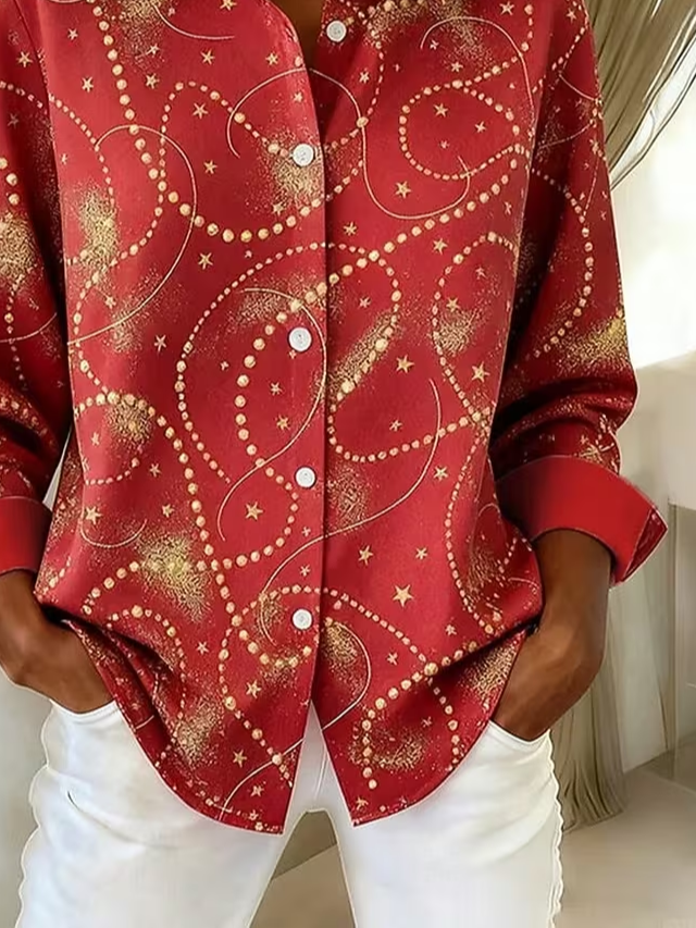 Hemdkragen Normale Ärmel Langarm Festival Schnalle Regelmäßig Weit Knopfhemd Bluse für Damen