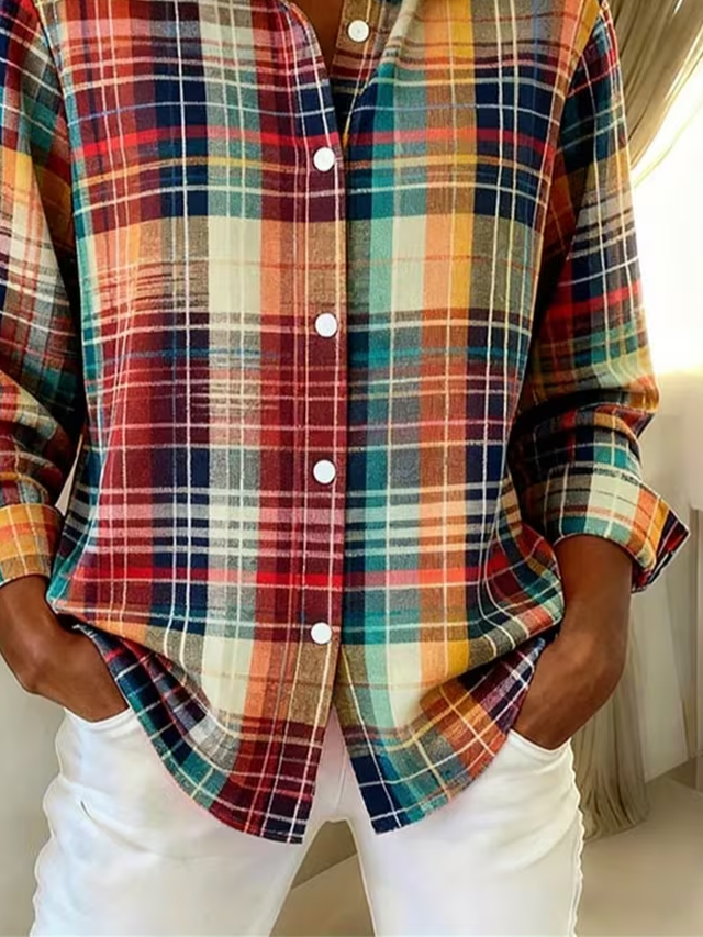 Hemdkragen Normale Ärmel Langarm Kariert Schnalle Regelmäßig Weit Knopfhemd Bluse für Damen