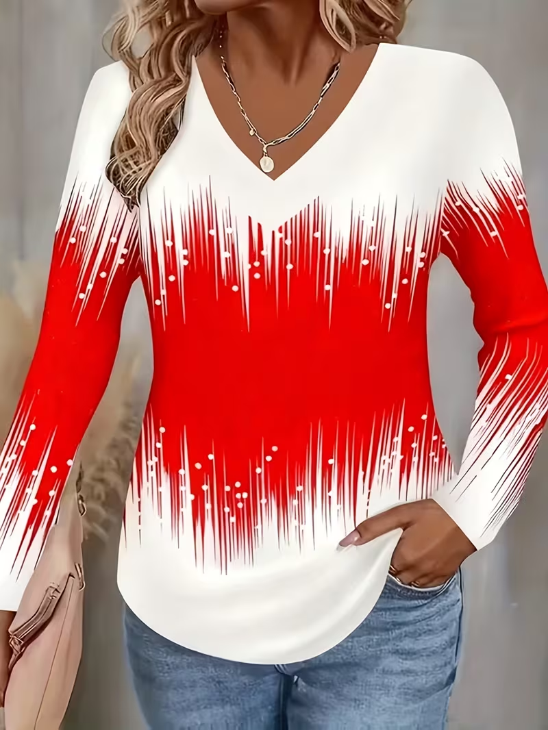 Lässig Abstrakt V-Ausschnitt Langarm T-Shirt