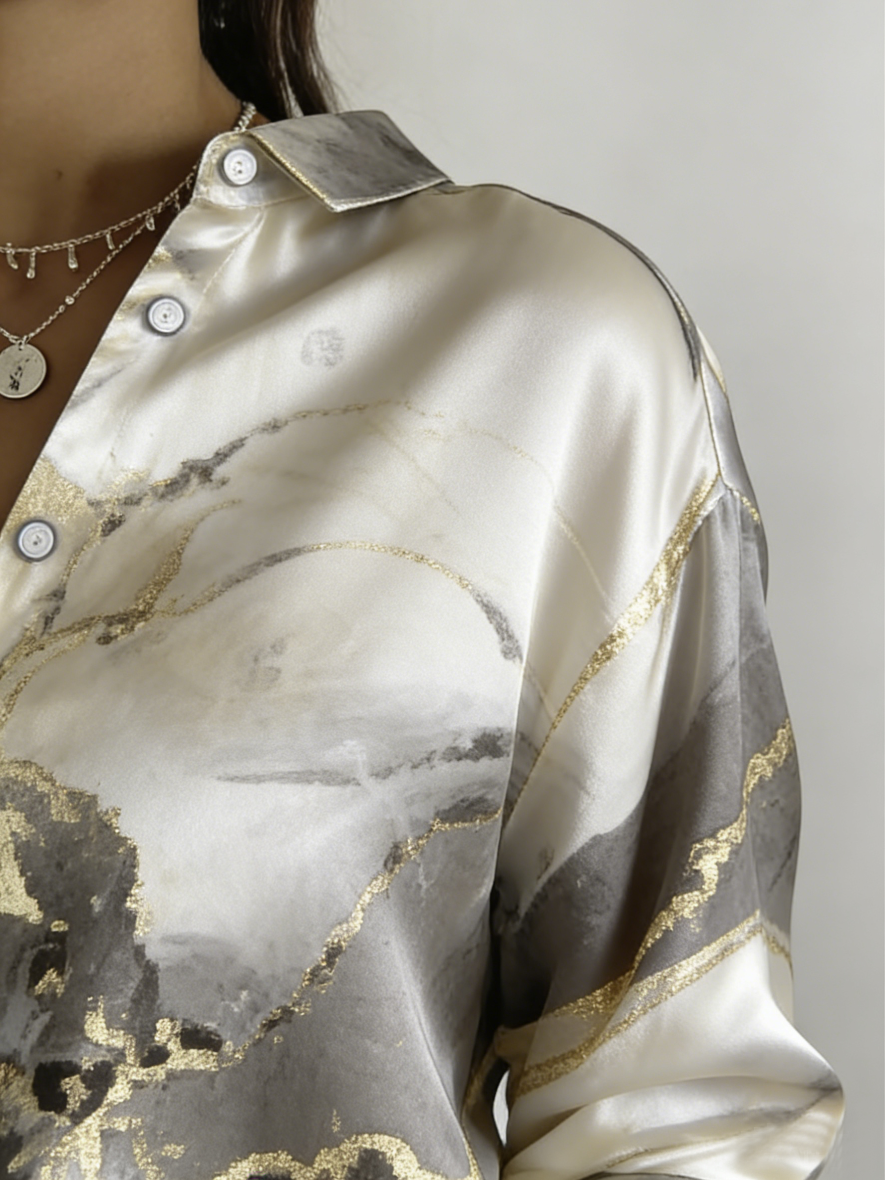 Schalkragen Langarm Abstrakt Grafik Regelmäßig Weit Bluse für Damen