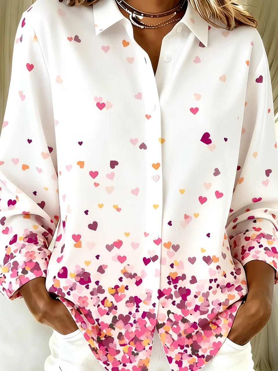 Hemdkragen Langarm Verlaufsmuster Regelmäßig Weit Bluse für Damen