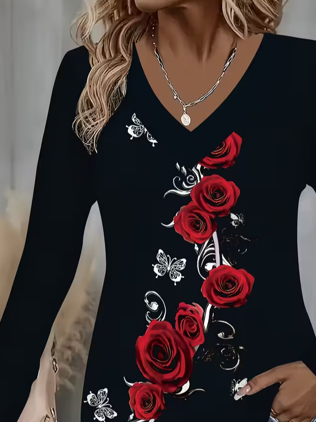 Lässig Geblümt V-Ausschnitt Langarm T-Shirt