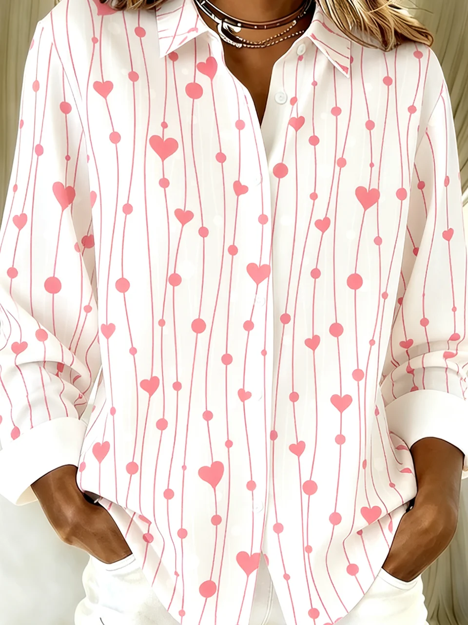 Hemdkragen Langarm Verlaufsmuster Regelmäßig Weit Bluse für Damen