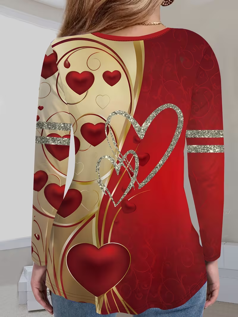 Lässig Herz/Herz V-Ausschnitt Langarm T-Shirt