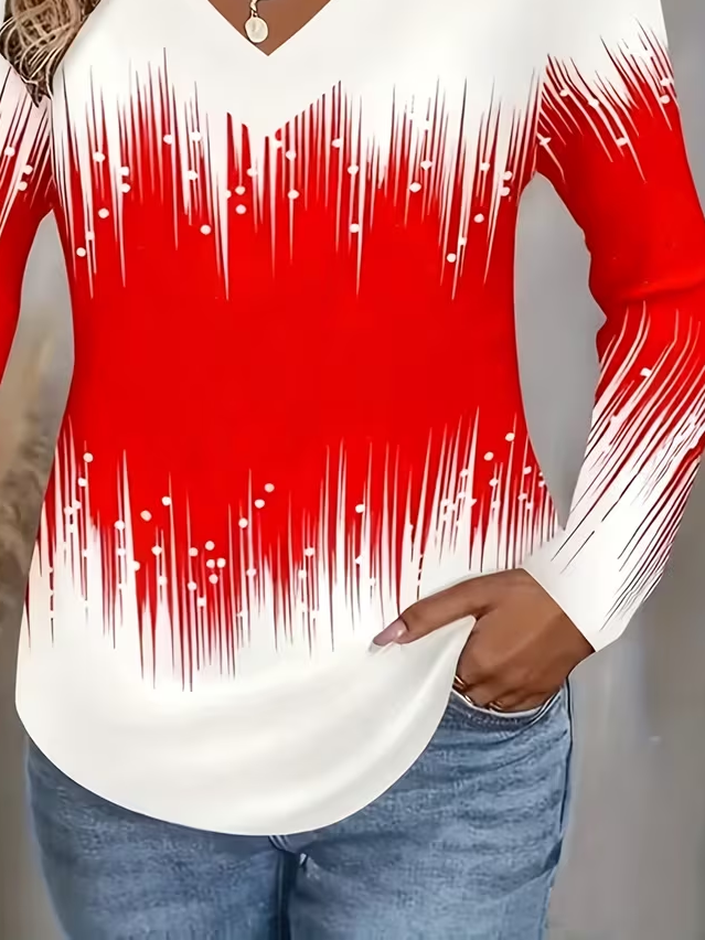 Lässig Abstrakt V-Ausschnitt Langarm T-Shirt