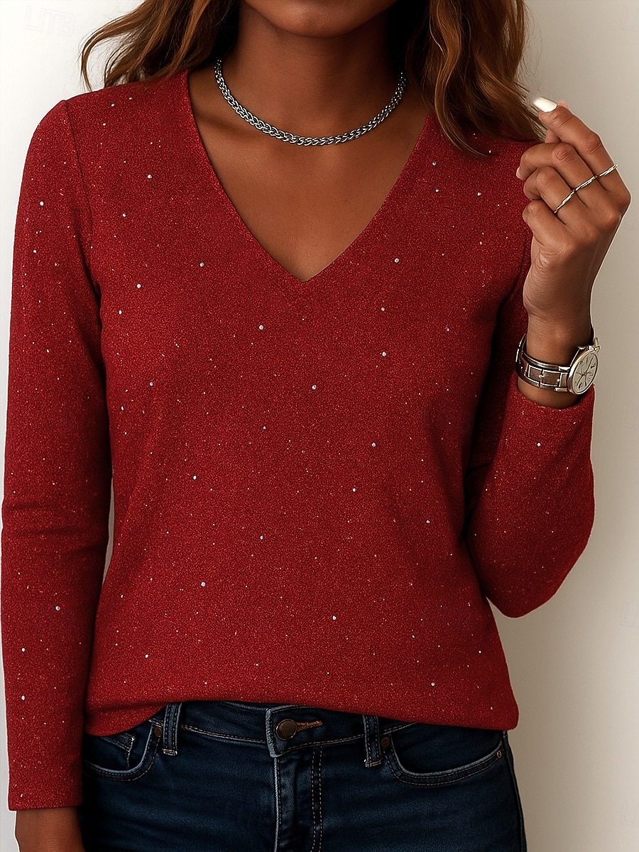 Lässig Abstrakt V-Ausschnitt Langarm T-Shirt