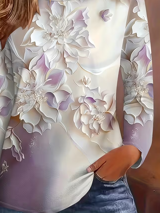 Lässig Geblümt Rundhals Langarm T-Shirt