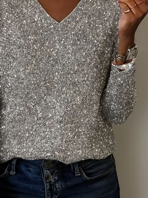 Lässig Abstrakt V-Ausschnitt Langarm T-Shirt