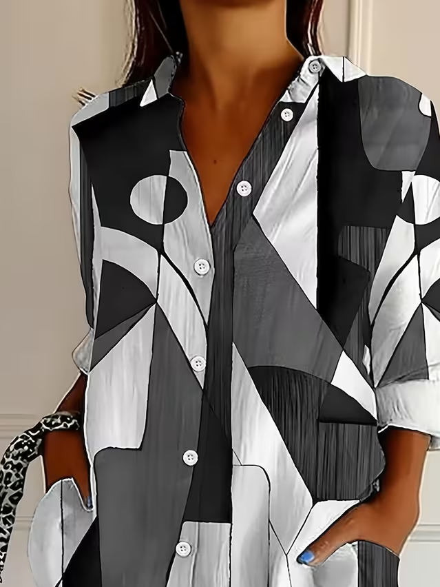 Hemdkragen Normale Ärmel Langarm Abstrakt Schnalle Regelmäßig Weit Knopfhemd Bluse für Damen