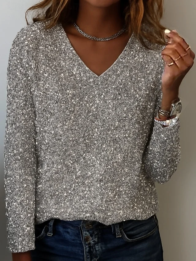 Lässig Abstrakt V-Ausschnitt Langarm T-Shirt