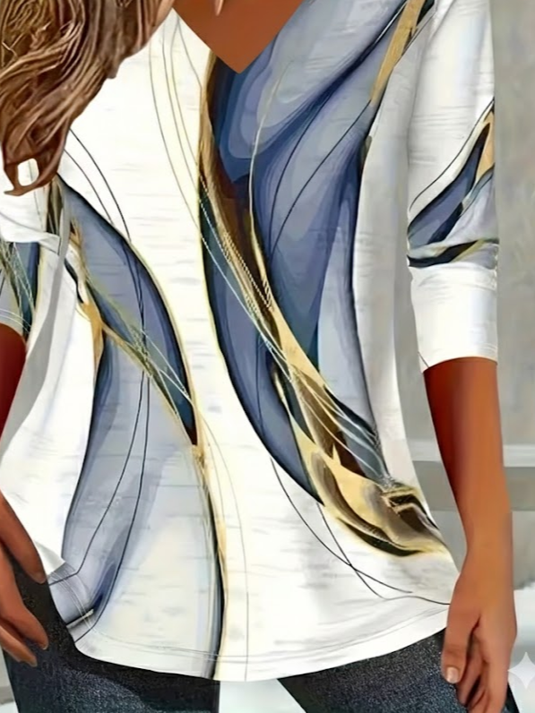 Lässig Abstrakt V-Ausschnitt Langarm T-Shirt