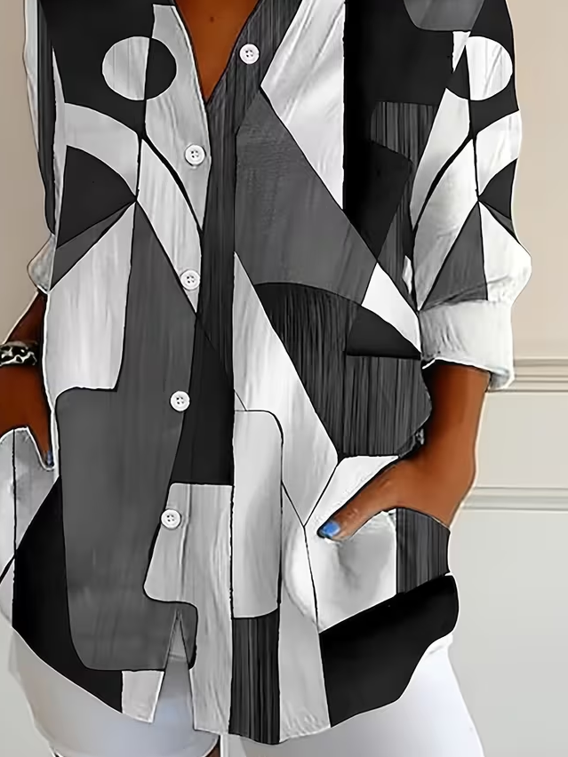 Hemdkragen Normale Ärmel Langarm Abstrakt Schnalle Regelmäßig Weit Knopfhemd Bluse für Damen