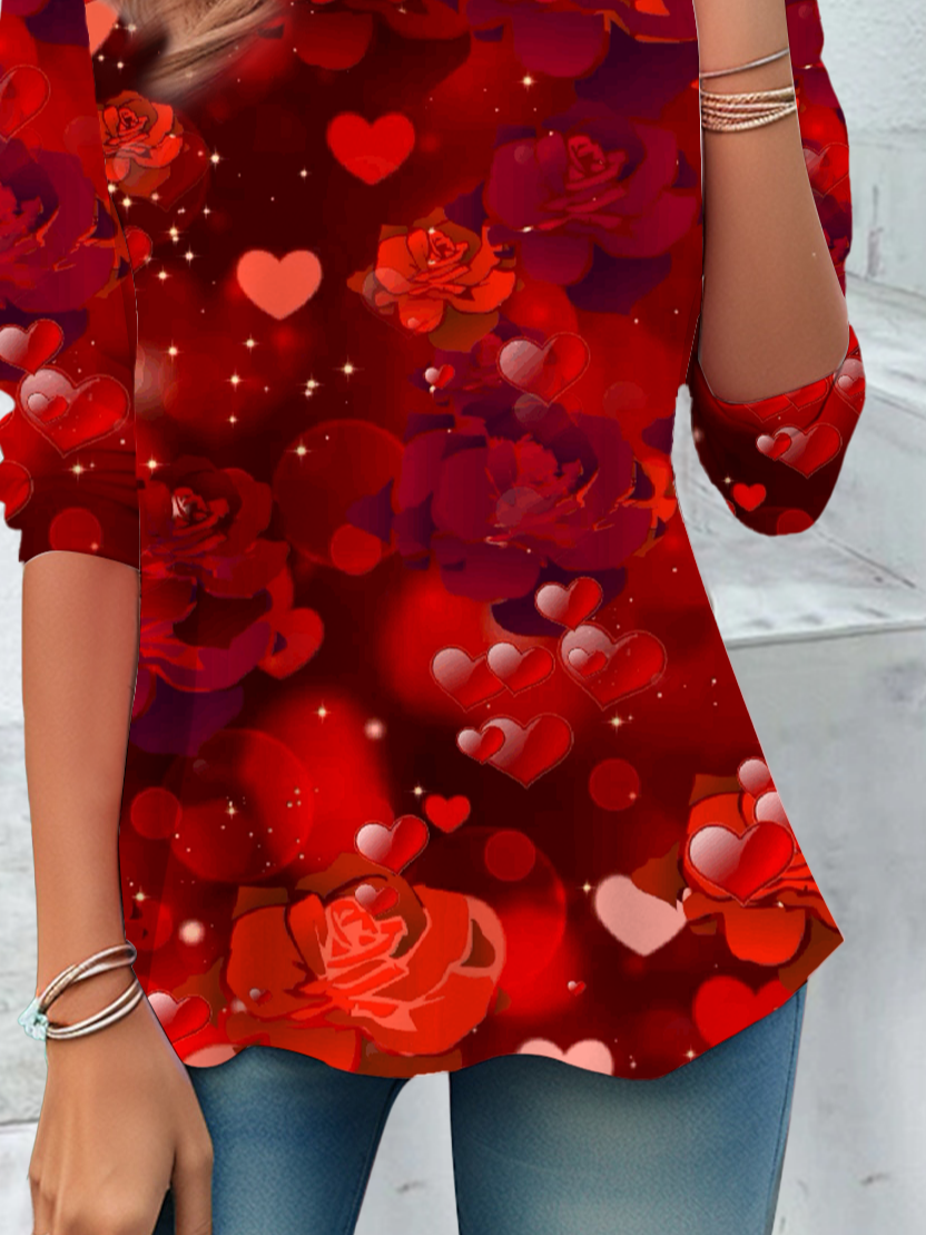 Lässig Geblümt Rundhals Langarm T-Shirt