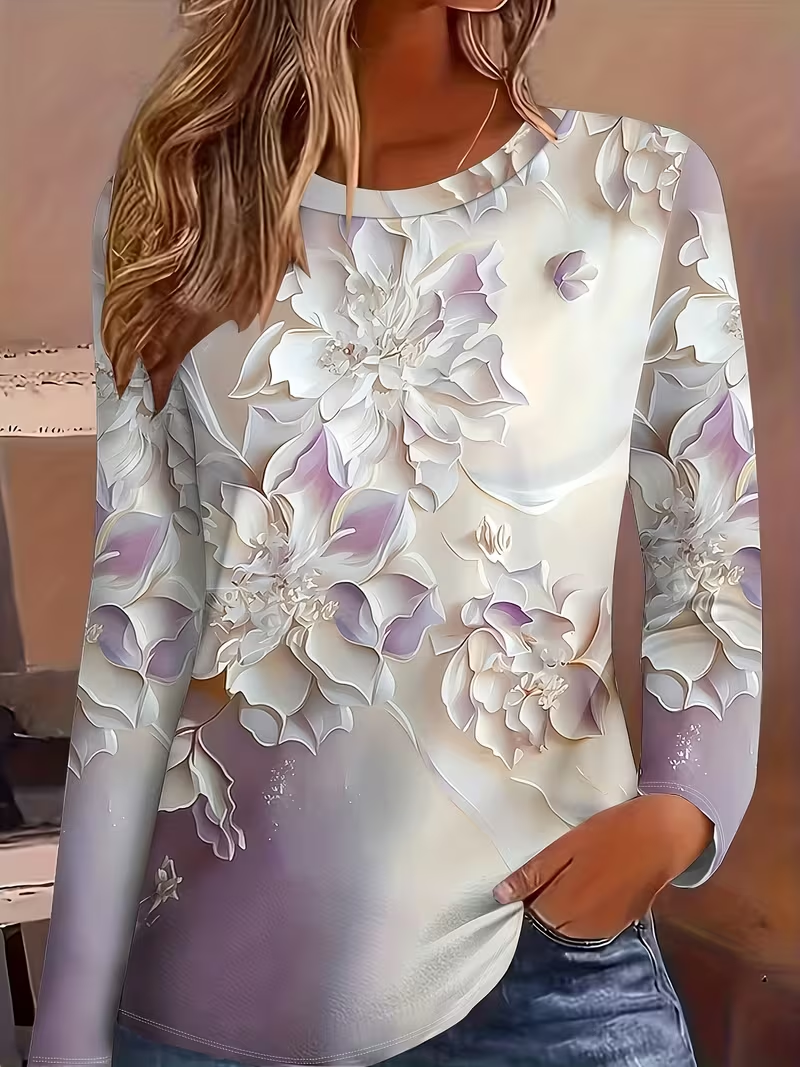 Lässig Geblümt Rundhals Langarm T-Shirt