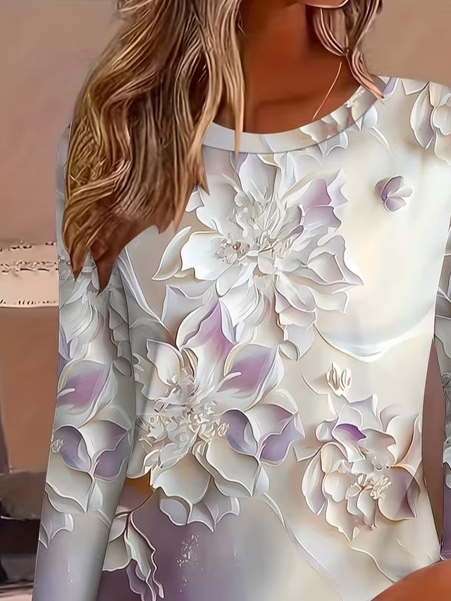 Lässig Geblümt Rundhals Langarm T-Shirt