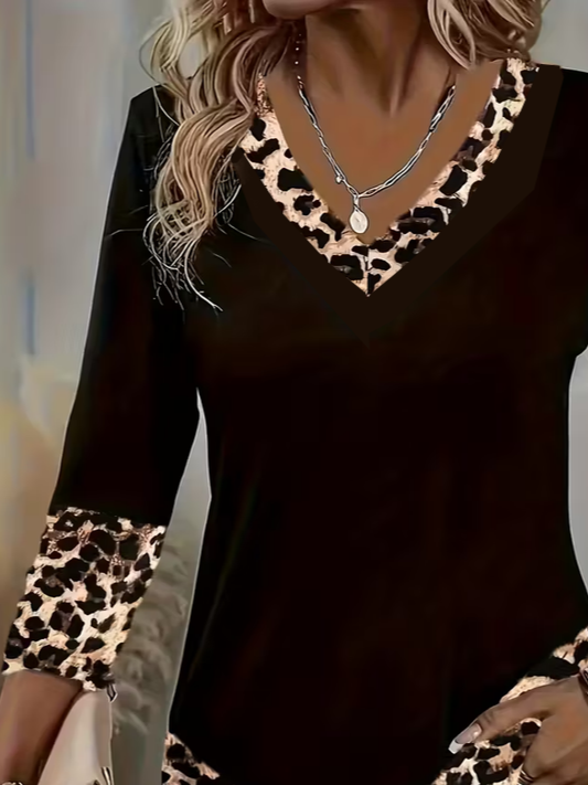 Lässig Leopard V-Ausschnitt Langarm T-Shirt
