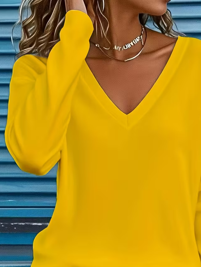 Lässig Unifarben V-Ausschnitt Langarm T-Shirt