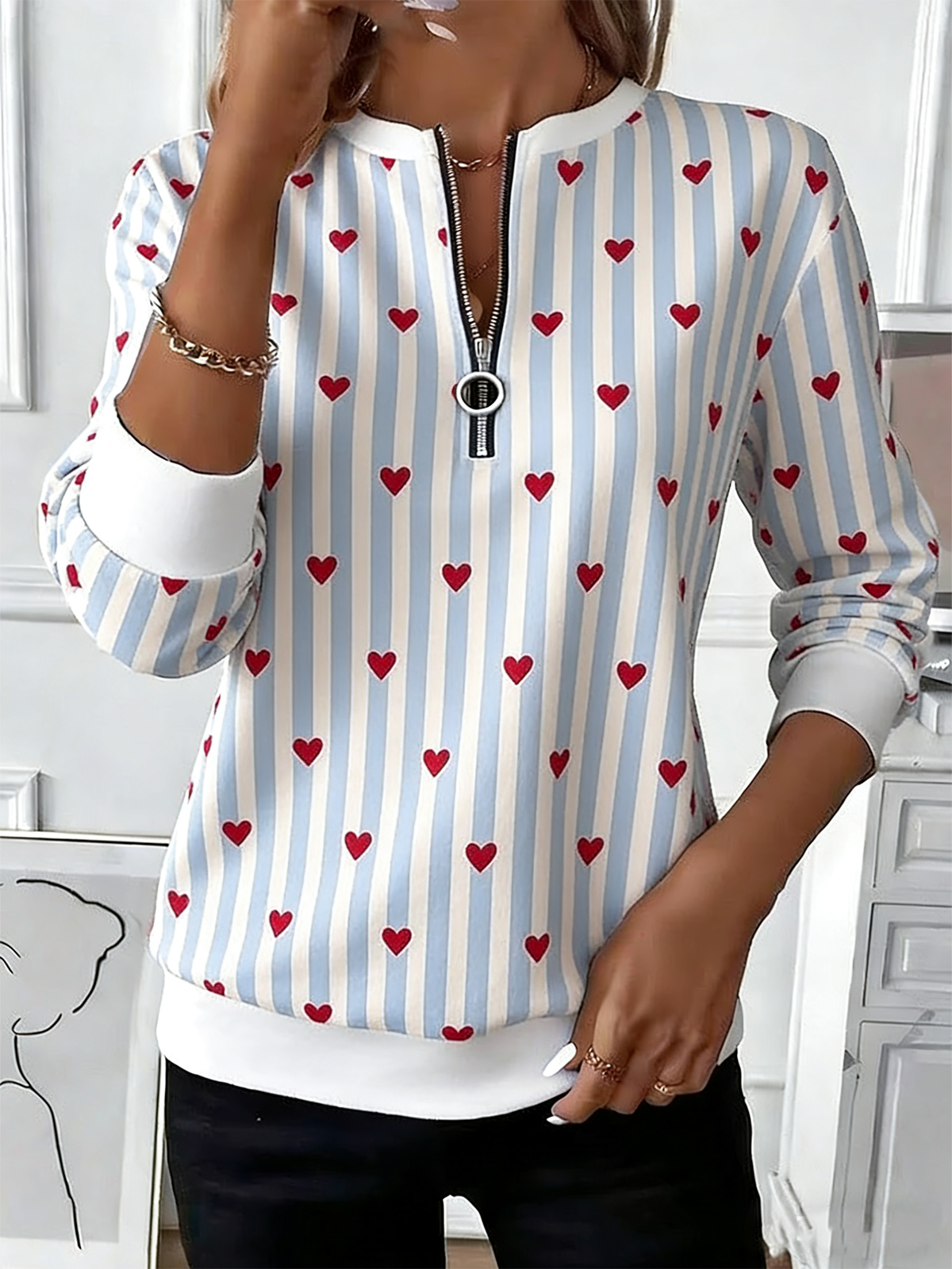 Retro Rundhals Gestreift Sweatshirt