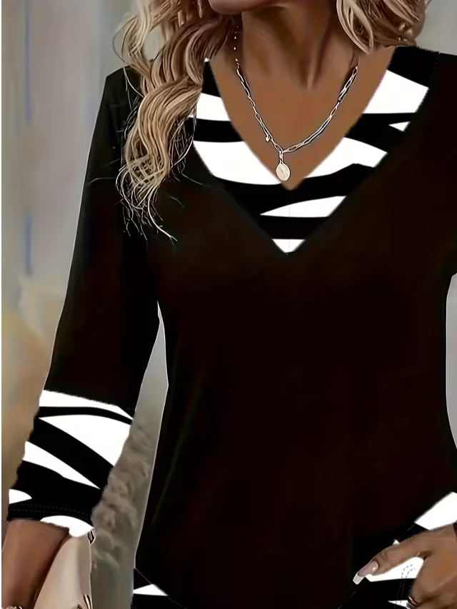 Lässig Abstrakt V-Ausschnitt Langarm T-Shirt