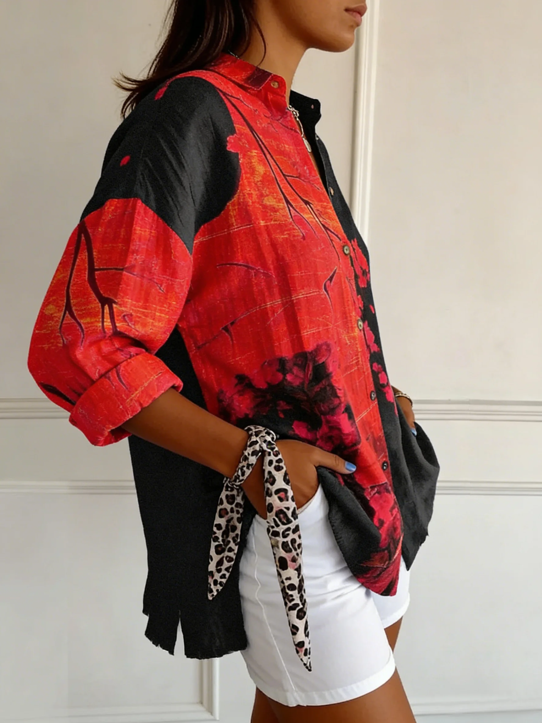 Schalkragen Langarm Geblümt Regelmäßig Weit Bluse für Damen